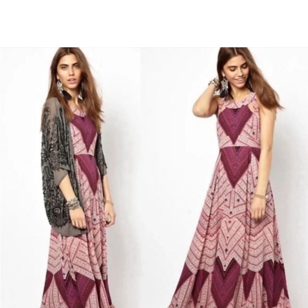Free People  boho Purple Patterned Maxi Dress with laced razor back gorgeous